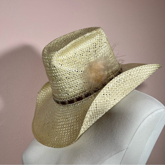 Vintage 70 80 Retro Stagecoach Natural Straw Western Cowboy Hat with Feathers - Picture 1 of 17
